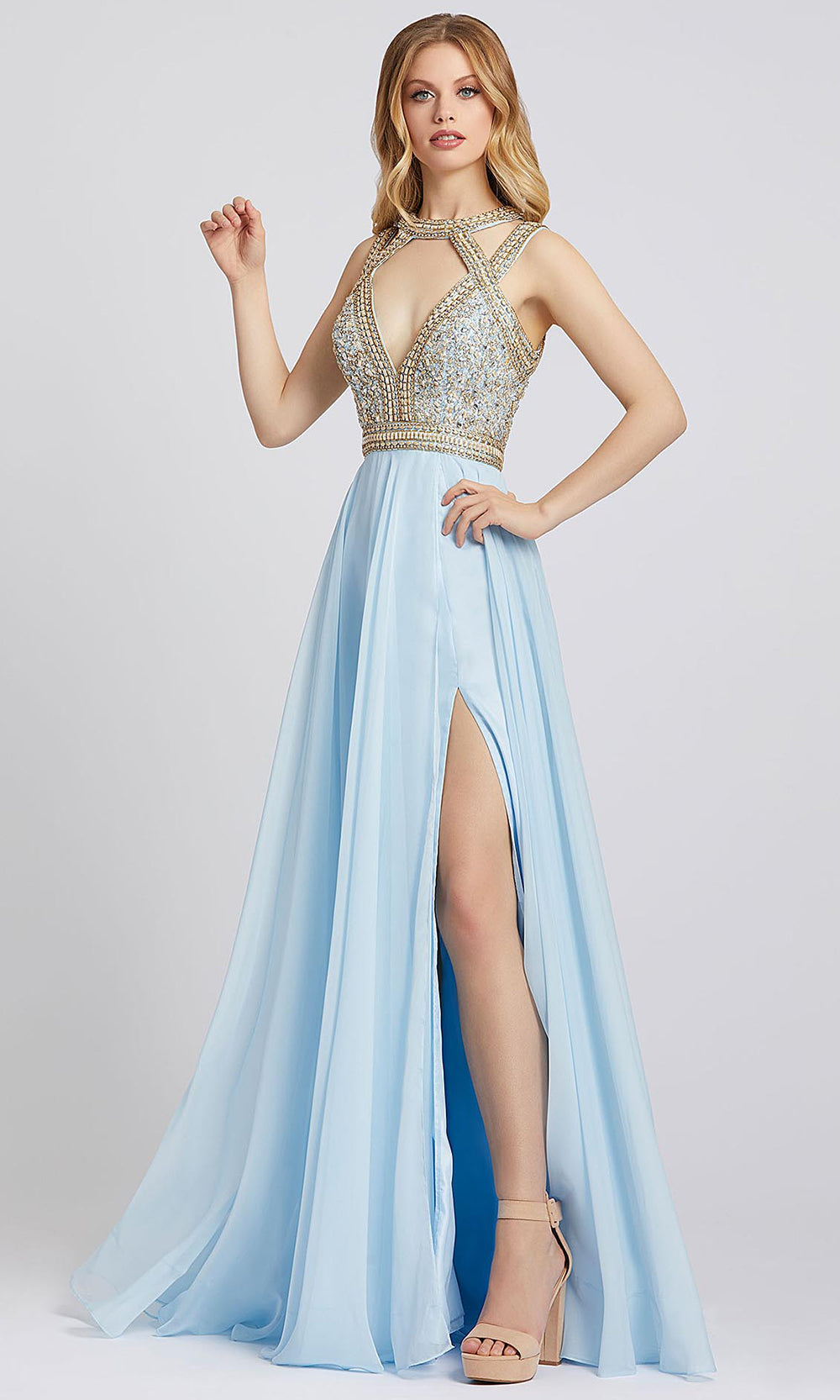 Mac Duggal - 66445A Beaded Cutout Plunged Neck A-Line Gown In Blue
