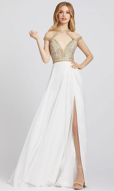 Mac Duggal - 66445A Beaded Cutout Plunged Neck A-Line Gown In White & Ivory