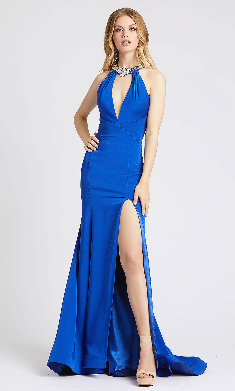 Mac Duggal - 66465L Jeweled Cutout Halter Mermaid Dress In Blue