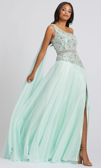 Mac Duggal - 66846A Bejeweled One Shoulder High Slit Dress In Green