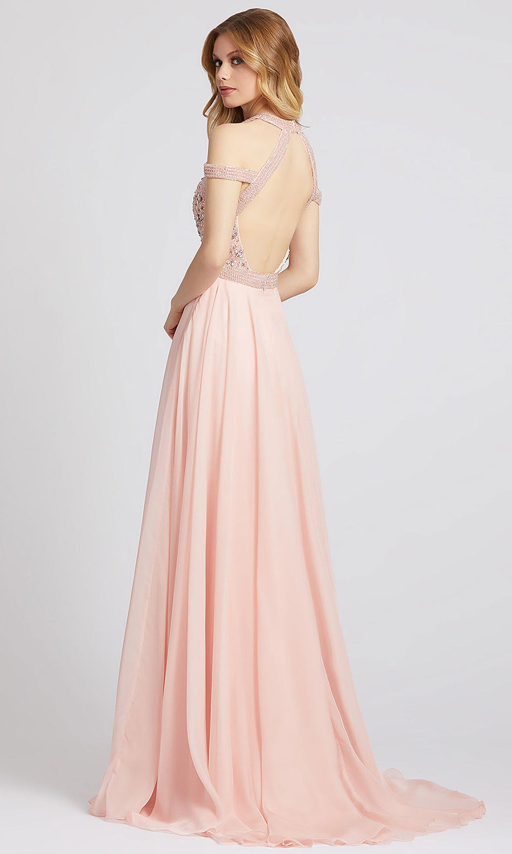 Mac Duggal - 66879A Beaded Cutout High Slit Chiffon Dress In Pink