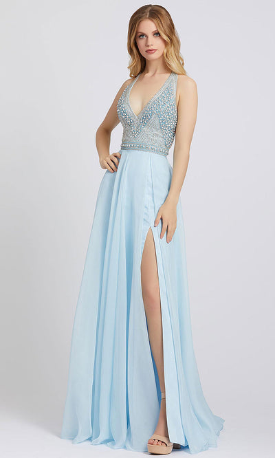 Mac Duggal - 66881A Beaded Halter A-Line Dress With Slit In Blue