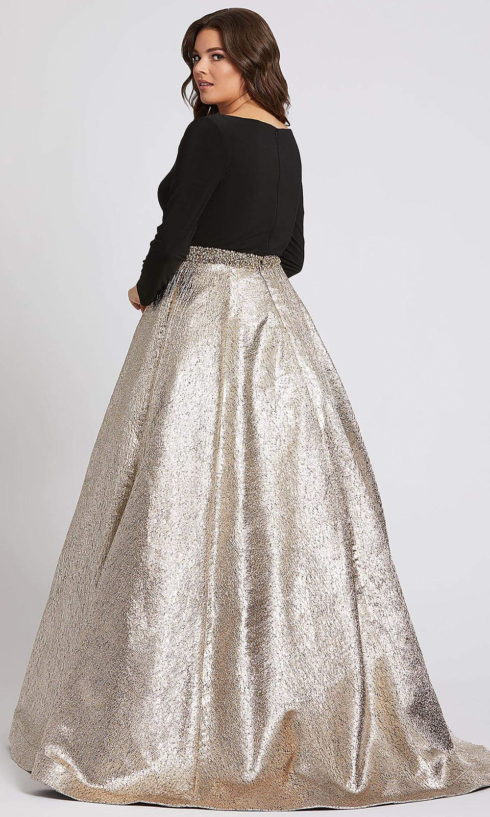 Mac Duggal - 67229F Long Sleeve Wrap Bodice Metallic Dress In Champagne & Gold