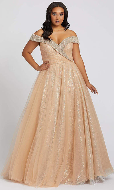 Mac Duggal - 67234F Jeweled Off Shoulder Sequin Tulle Dress In Champagne & Gold