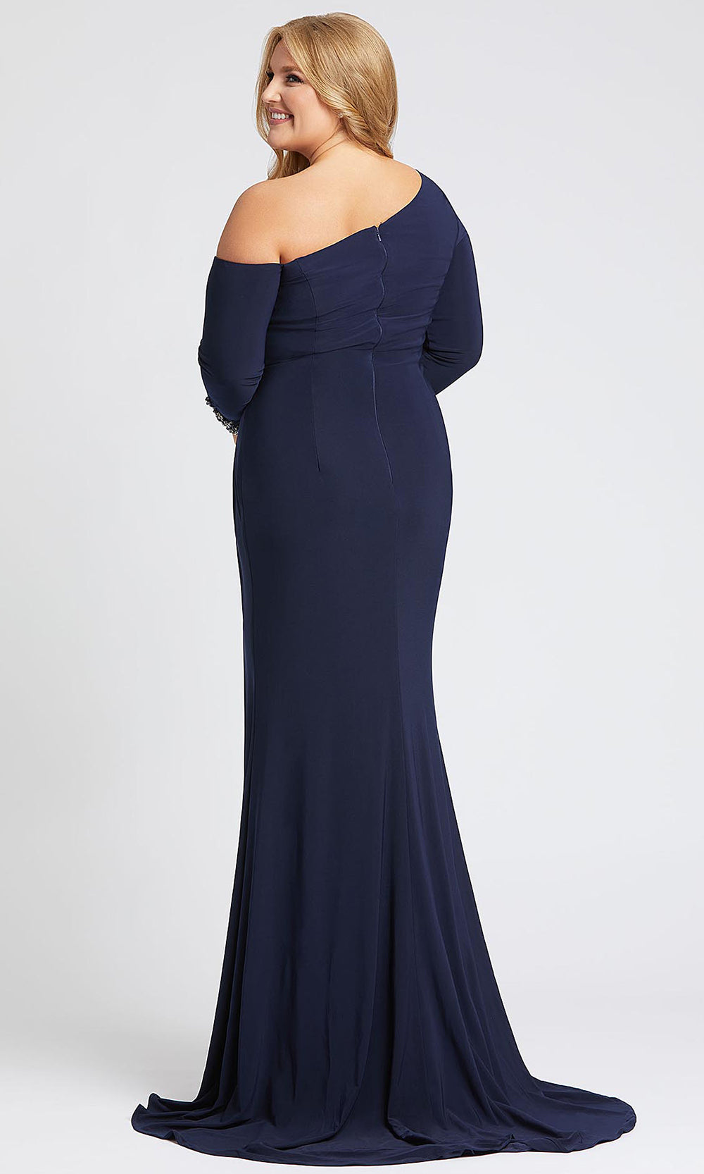Mac Duggal - 67242F Long Sleeves Asymmetrical Gown With Slit In Blue