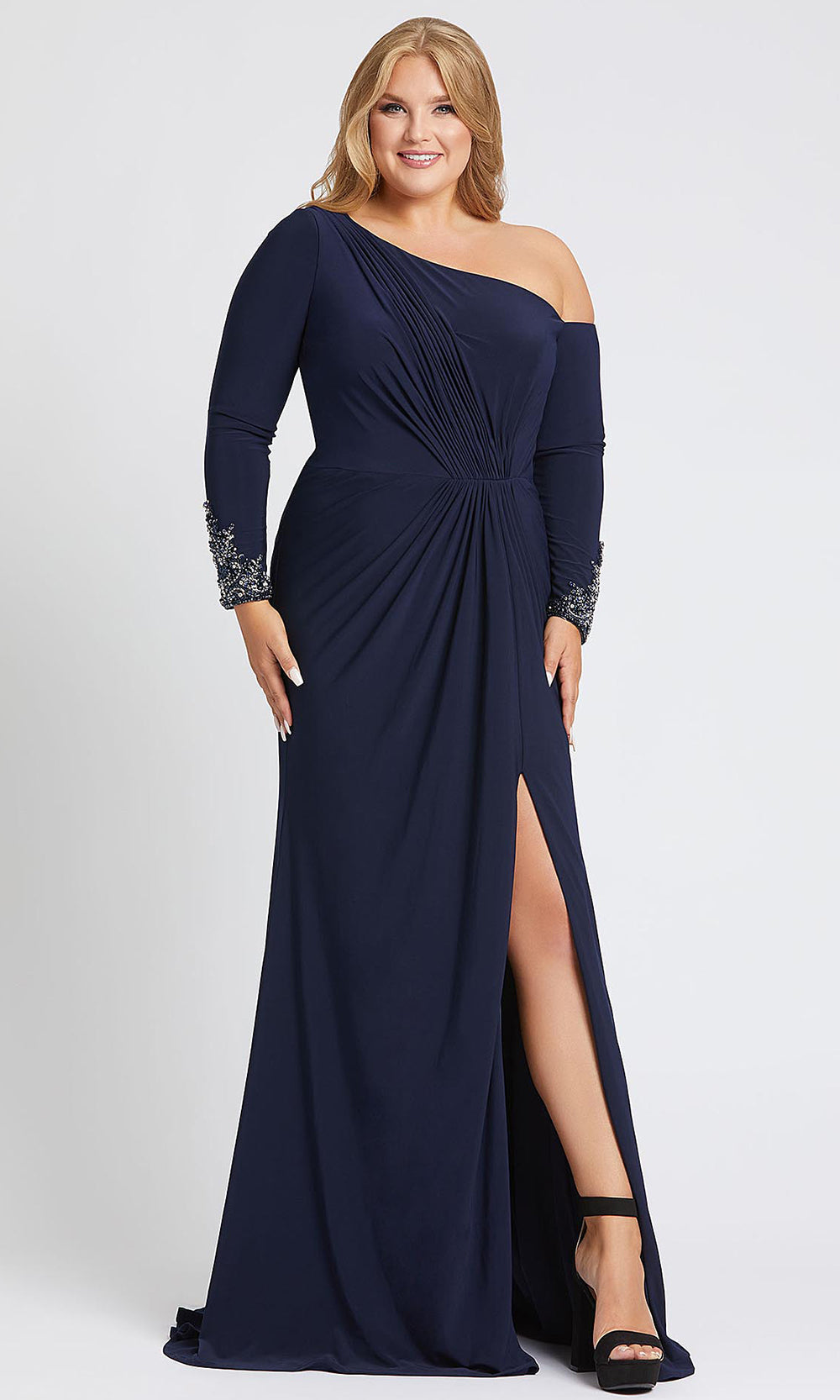 Mac Duggal - 67242F Long Sleeves Asymmetrical Gown With Slit In Blue