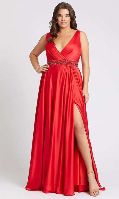 Mac Duggal - 67244F Deep V Neck Embellished A-Line Gown In Red