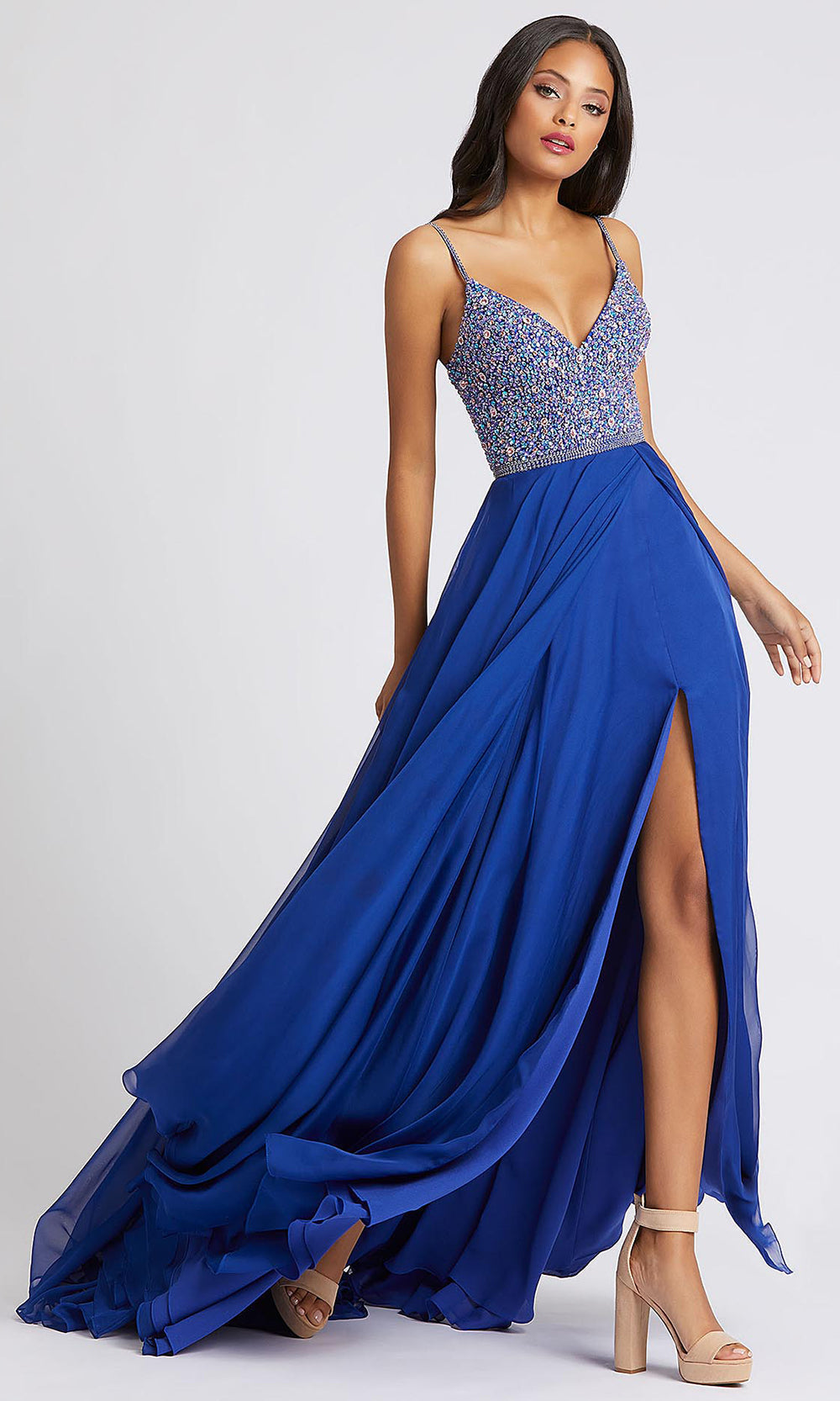 Mac Duggal - 67273A Sequin-Adorned V-Neck High Slit Dress In Blue