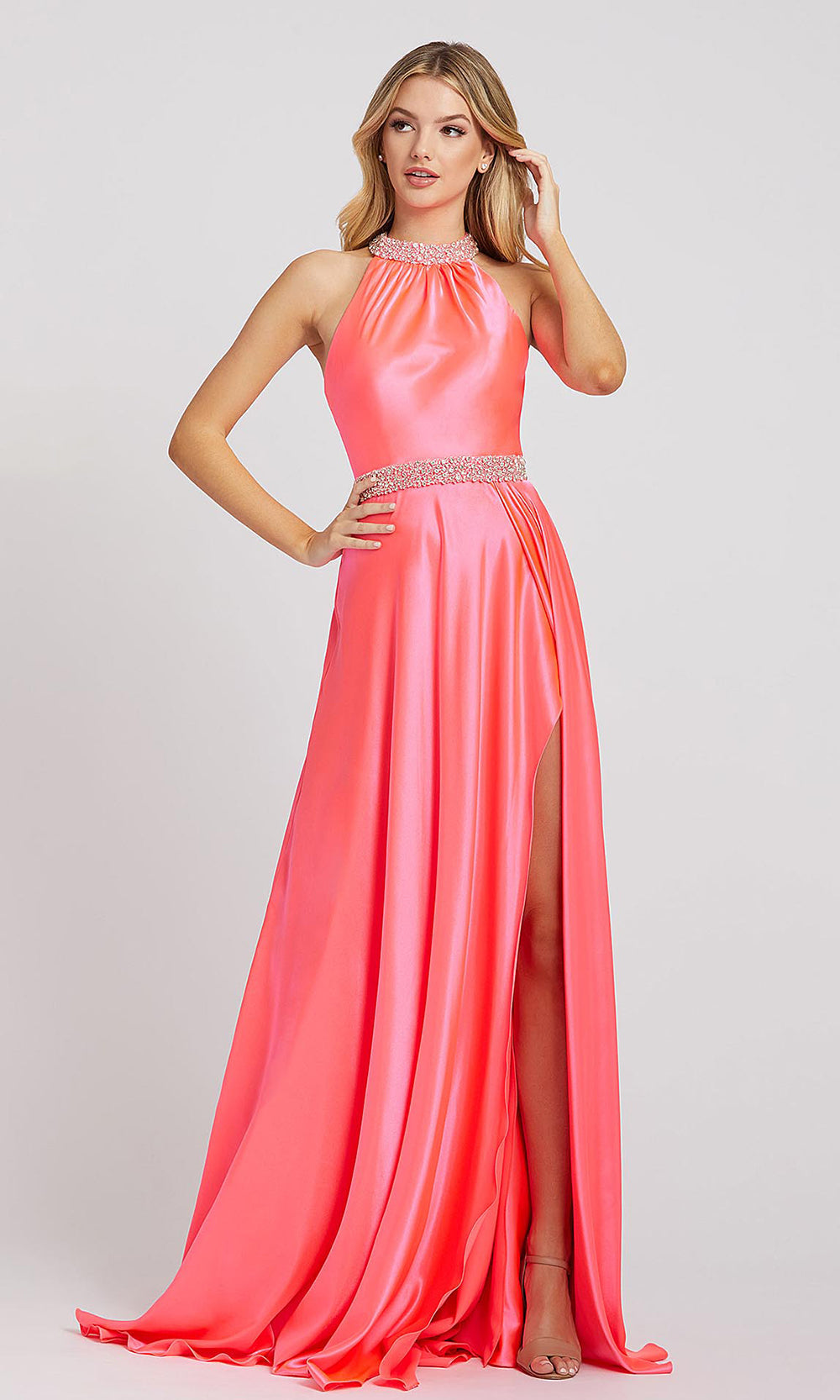 Mac Duggal - 67339L Beaded Neck And Waist Satin Gown In Pink