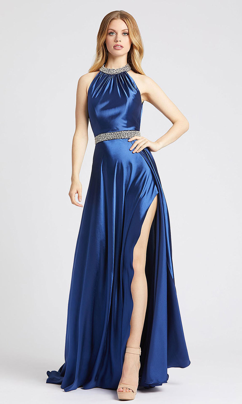 Mac Duggal - 67339L Beaded Neck And Waist Satin Gown In Blue