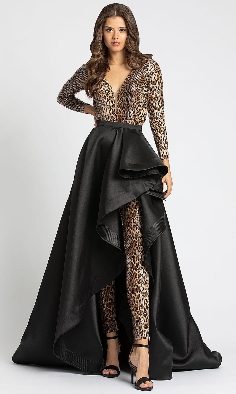 Mac Duggal - 67369A Plunging Cheetah Jumpsuit With Overlay In Black