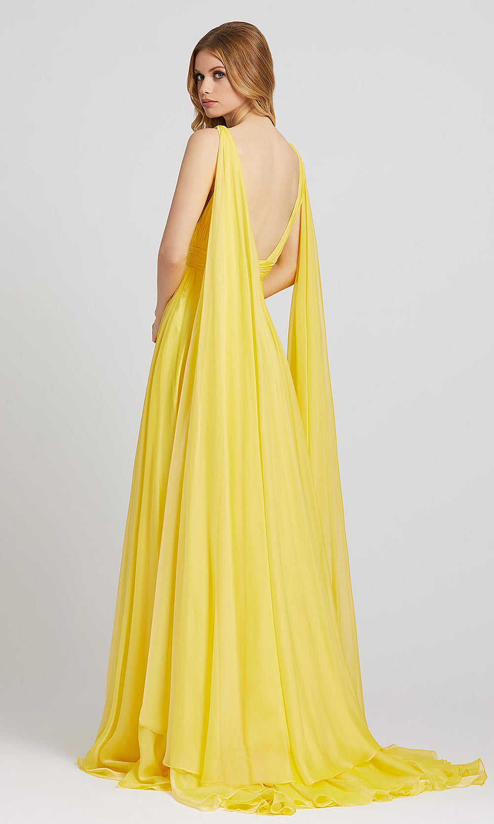 Mac Duggal - 67391L Sleeveless V Neck Flowy Drape Cape Gown In Yellow