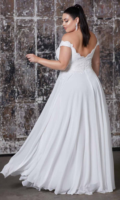 Cinderella Divine - 7258W Beaded Lace Off Shoulder Chiffon Gown In White