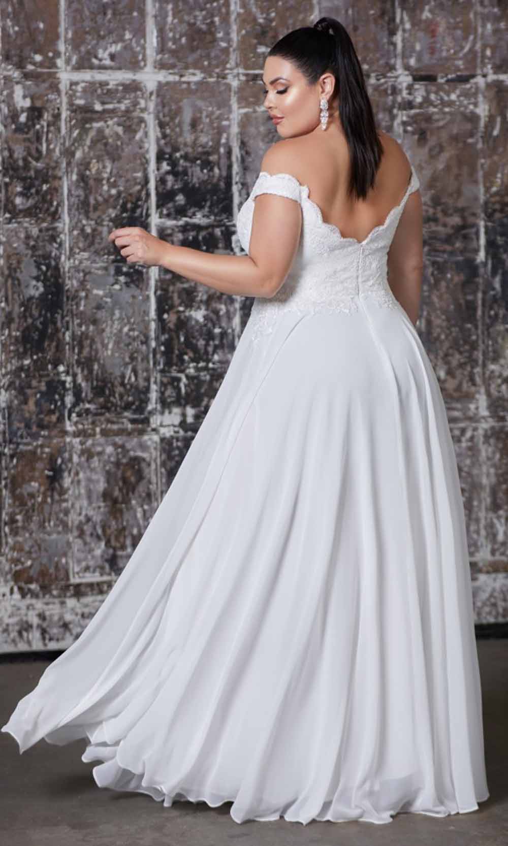 Ladivine - 7258W Beaded Lace Off Shoulder Chiffon Gown In White