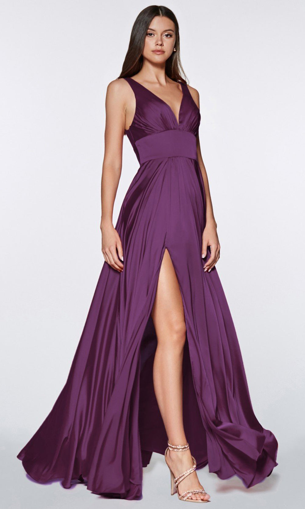 Cinderella Divine - 7469 V Neck Satin A-Line Dress In Purple
