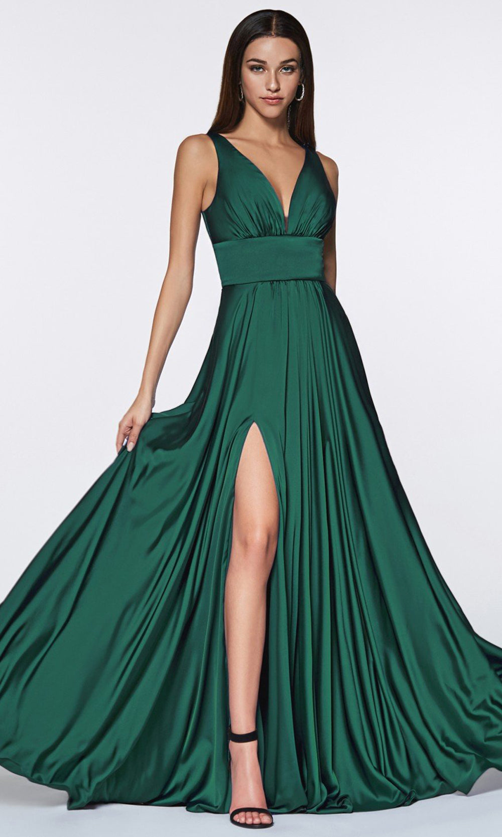 Cinderella Divine - 7469 V Neck Satin A-Line Dress In Green