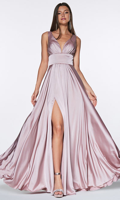 Cinderella Divine - 7469 V Neck Satin A-Line Dress In Pink