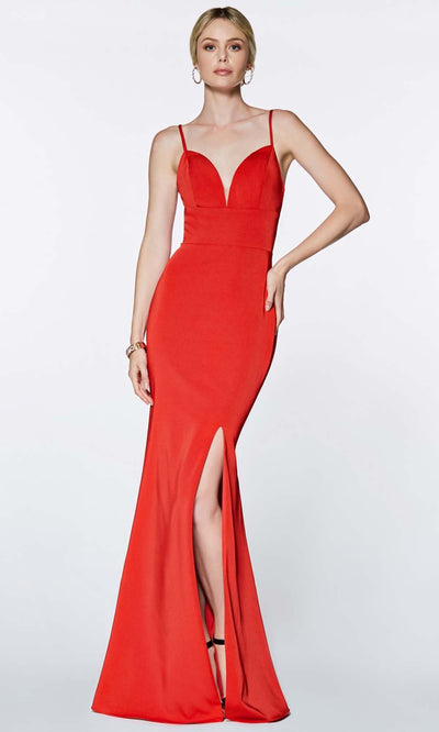 Cinderella Divine - 7470 Sleeveless High Slit Dress In Red