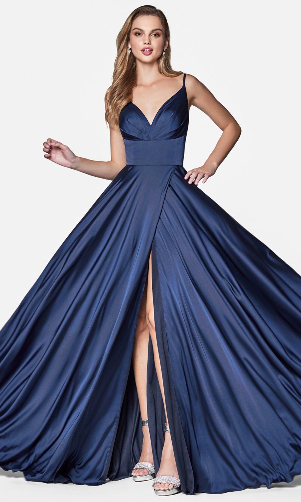 Cinderella Divine - 7472 High Wrap Slit Satin Gown in Blue