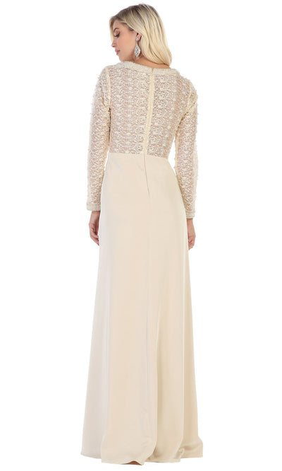 May Queen - RQ7692 Long Sleeve V Neck Sheath Dress In Champagne