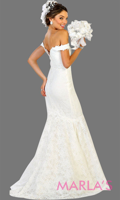 Back of Long off shoulder lace mermaid white bridal dress. This white wedding trumpet gown is perfect for wedding reception, wedding engagement dress, formal western party dress. Plus size avail.