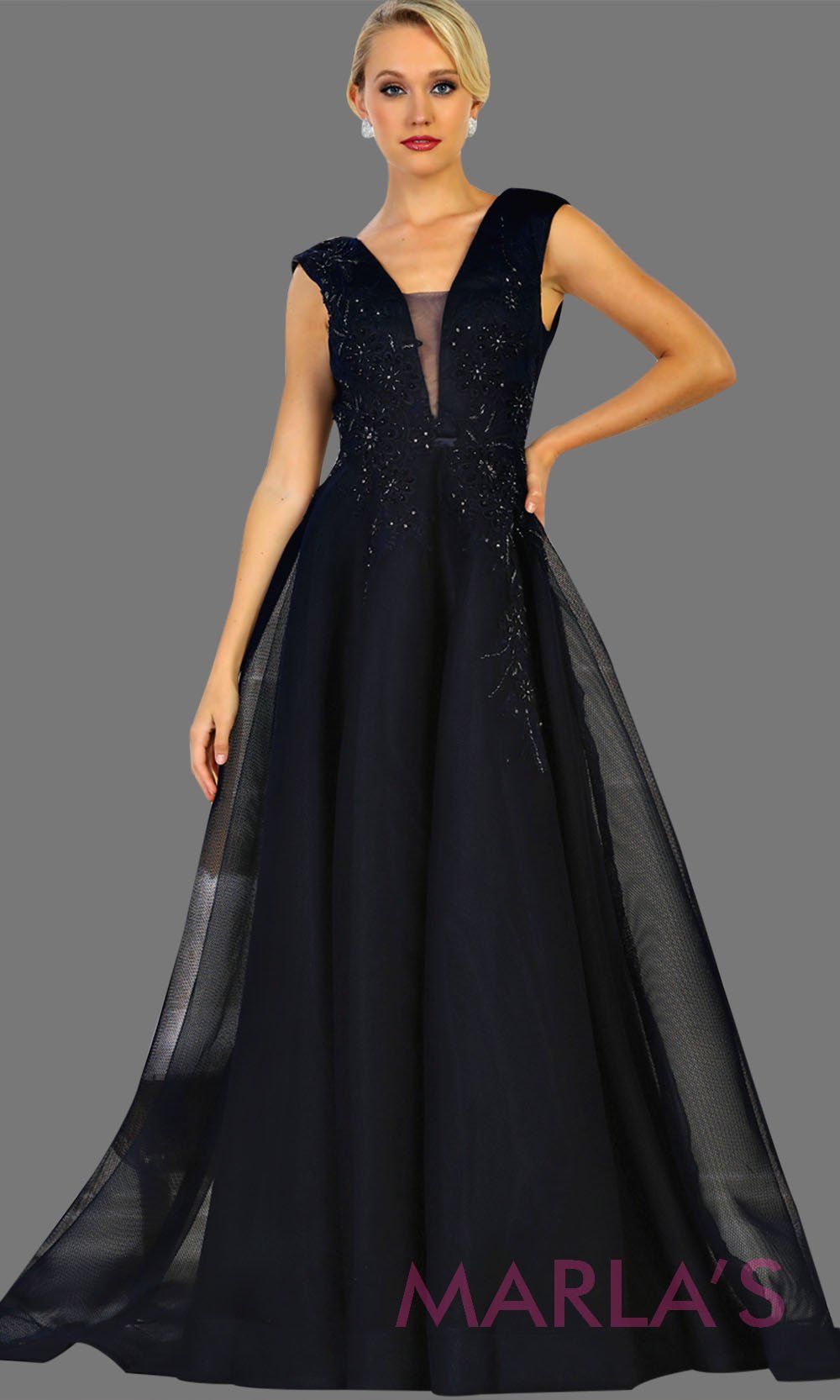 Long navy v neck ball gown dress with plunging neckline and flowy skirt. Dark blue dress is perfect for formal wedding, gala, wedding guest dress, quinceanera, sweet 16, wedding reception dress, engagement dress.Plus size avail