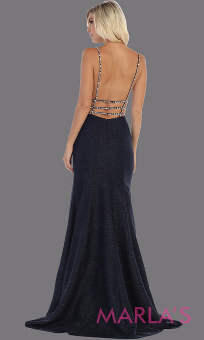 Back of Long sleek and sexy navy blue open back mermaid dress from mayqueen. This dark blue fitted evening dress is perfect for sexy prom dress, formal wedding guest dress, gala dress, sexy evening gown, low back dress