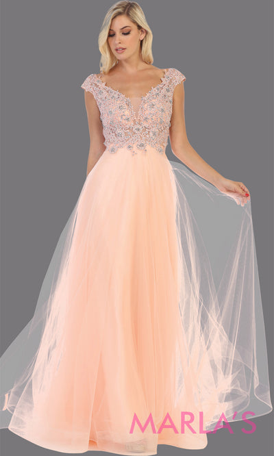 Long v neck flowy blush pink semi ballgown with lace top & wide straps from mayqueen. This floor length light pink dress is perfect for prom, formal wedding guest dress, indowestern party gown, engagement dress, eshoot, plus size party dress