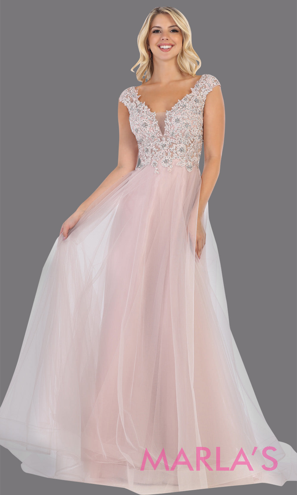 Long v neck flowy mauve pink semi ballgown with lace top & wide straps from mayqueen. This floor length light pink dress is perfect for prom, formal wedding guest dress, indowestern party gown, engagement dress, eshoot, plus size party dress