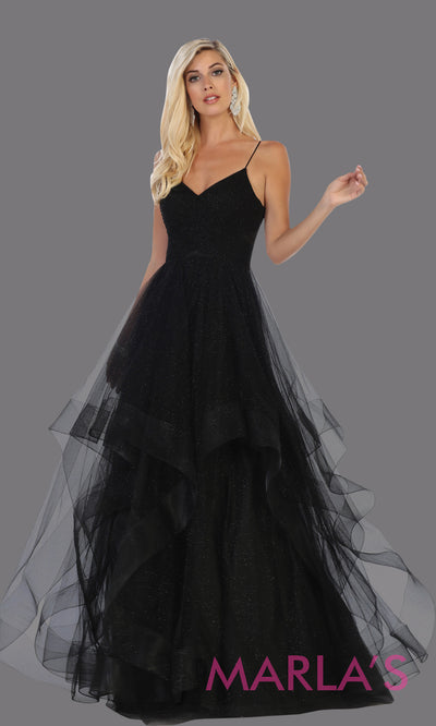Long glittery v neck black semi ballgown & ruffle skirt. This open back black flowy gown from mayqueen is perfect for prom, black tie event, engagement dress, formal party dress, plus size wedding guest dresses, pink indowestern party dress