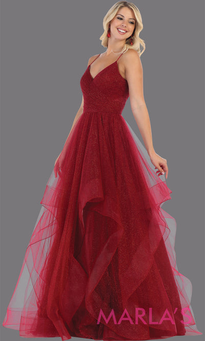 Long glittery v neck burgundy red semi ballgown & ruffle skirt. This dark red flowy gown from mayqueen is perfect for prom, black tie event, engagement dress, formal party dress, plus size wedding guest dresses, pink indowestern party dress