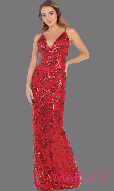 Long sleek & sexy red sequin evening dress with v neck & open back dress from mayqueen. This red tight fitted evening gown with low back is perfect for prom, wedding guest dress, guest for prom, formal party, gala, black tie party