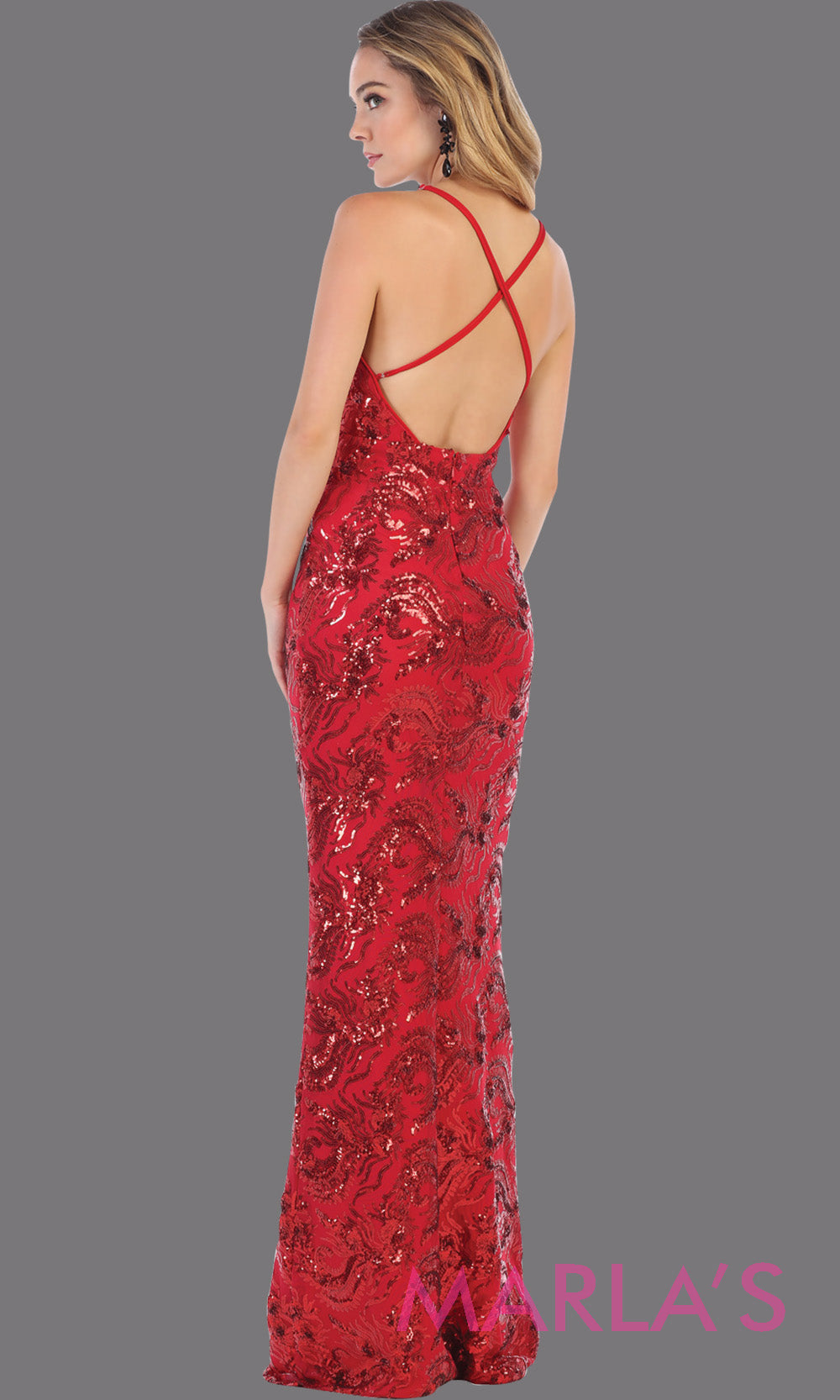 Back of Long sleek & sexy red sequin evening dress with v neck & open back dress from mayqueen. This red tight fitted evening gown with low back is perfect for prom, wedding guest dress, guest for prom, formal party, gala, black tie party