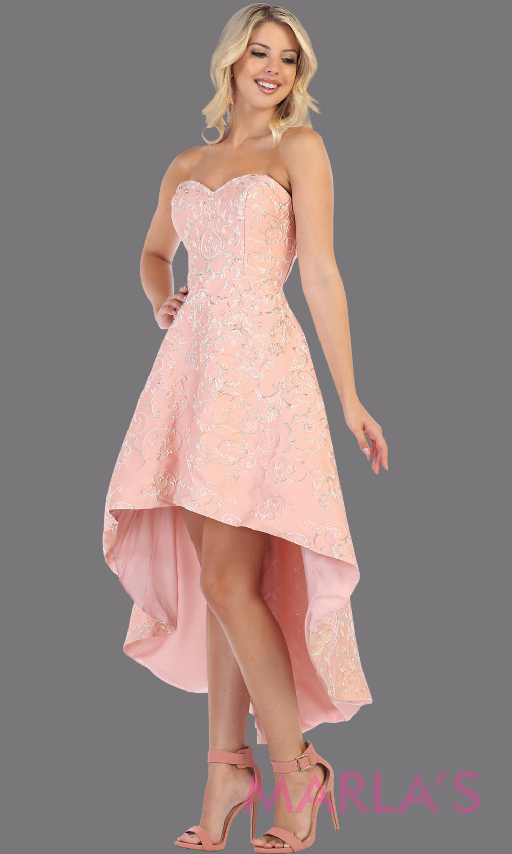 High low strapless blush pink semi formal party dress. This hi lo dress is perfect as a wedding guest dress, prom guest, grade 8 graduation, graduation, wedding guest dress, engagement shoot, plus size dresses, indowestern party dress.