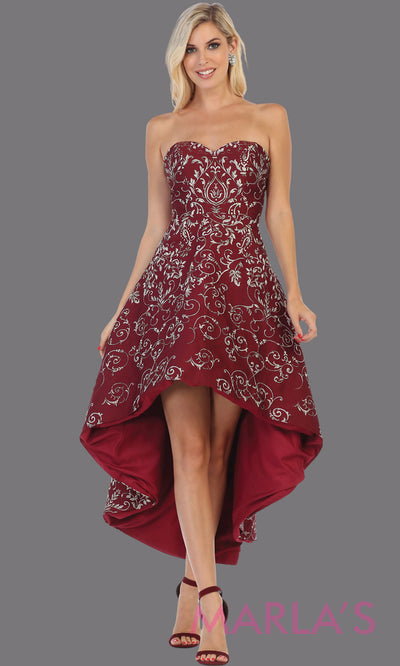 High low strapless burgundy semi formal party dress. This hi lo dress is perfect as a wedding guest dress, prom guest, grade 8 graduation, graduation, wedding guest dress, engagement shoot, plus size dresses, indowestern party dress.
