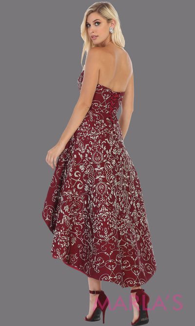 Back of High low strapless burgundy semi formal party dress. This hi lo dress is perfect as a wedding guest dress, prom guest, grade 8 graduation, graduation, wedding guest dress, engagement shoot, plus size dresses, indowestern party dress.