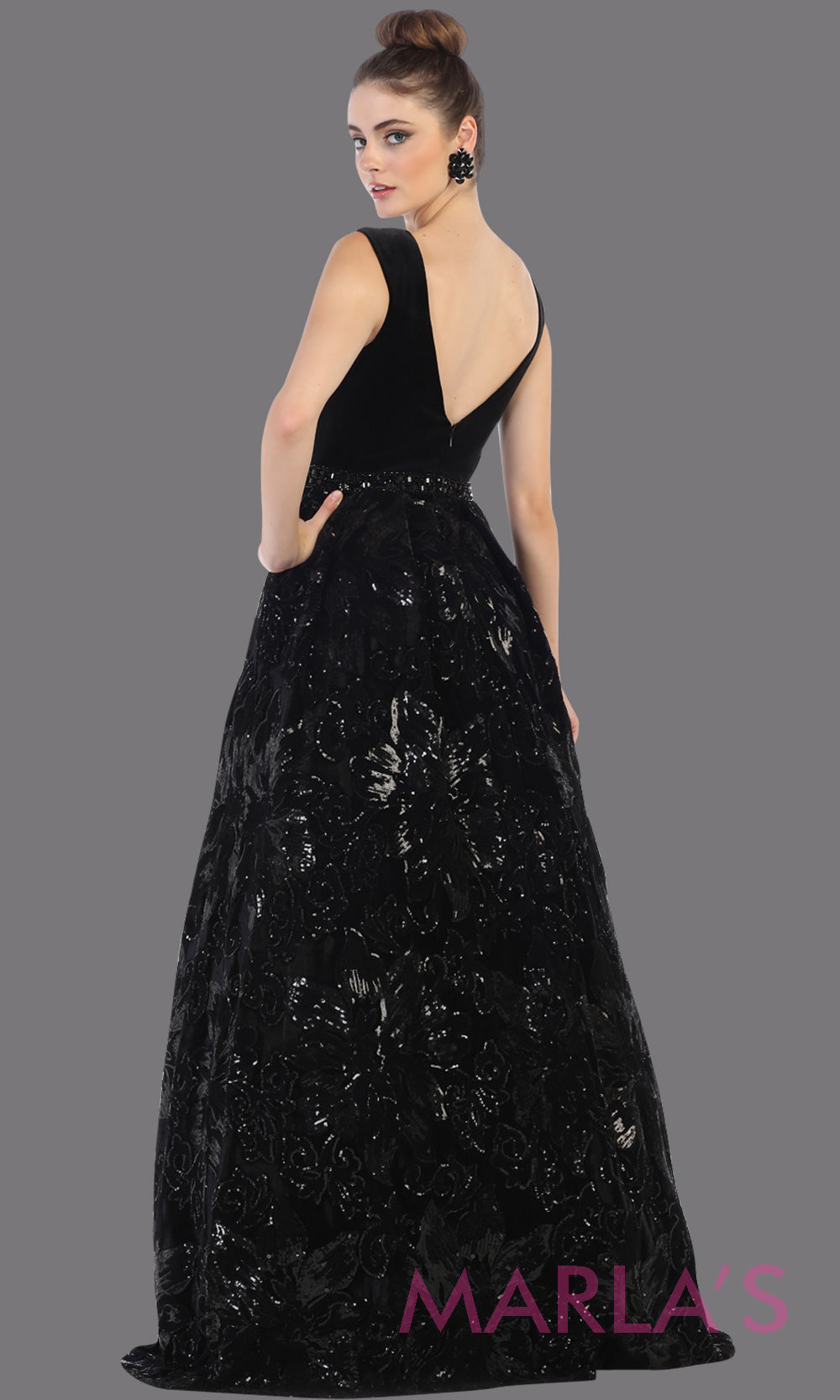 Back of Long black velvet gown from MayQueen RQ7674. This black full length formal dress is perfect for wedding reception dress, engagement dress, prom dress, sweet 16 dress, plus size dress, mother of the bride, indowestern black gown.