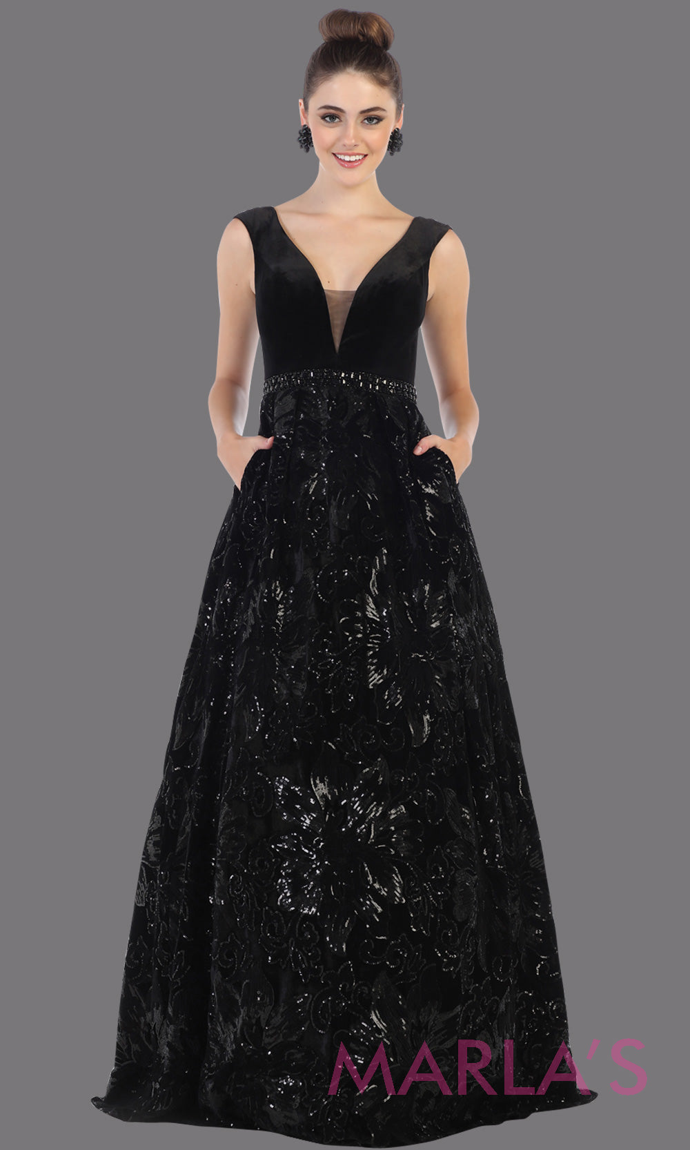 Long black velvet gown from MayQueen RQ7674. This black full length formal dress is perfect for wedding reception dress, engagement dress, prom dress, sweet 16 dress, plus size dress, mother of the bride, indowestern black gown.