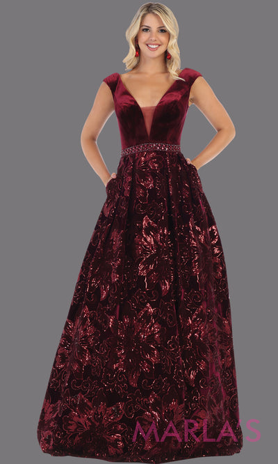 Long burgundy red velvet gown from MayQueen RQ7674. This dark red full length formal dress is perfect for wedding reception dress, engagement dress, prom dress, sweet 16 dress, plus size dress, mother of the bride, indowestern maroon gown.