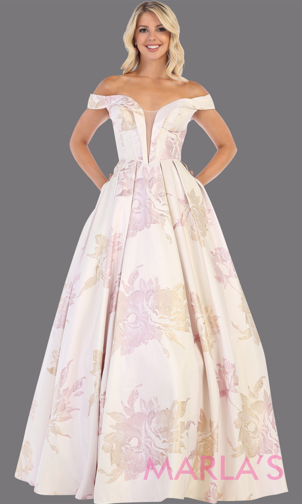 Long taffeta floral off shoulder blush gown from MayQueen RQ7675. This gown is perfect for engagement dress, wedding reception dress, e-shoot, prom, formal evening party gown, indowestern gown, plus size evening gowns, summer wedding
