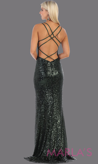Back of Long hunter green sequin beaded evening dress from Mayqueen RQ7676. This dark green sequin open back with high slit is perfect for wedding reception dress, engagement dress, e shoot, prom dress, sexy sequin holiday party dress, evening gown