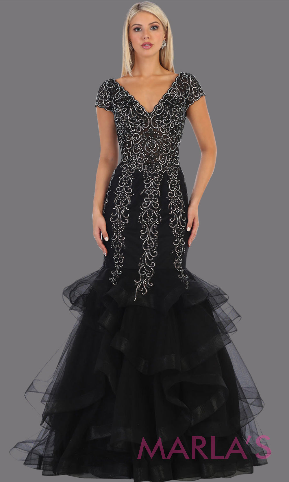 Long black beaded mermaid gown with cap sleeve, beading, 3 tier skirt from MayQueen RQ7690. This stunning black evening gown perfect for engagement dress, wedding reception dress, indowestern gown, engagement shoot, prom,formal gown