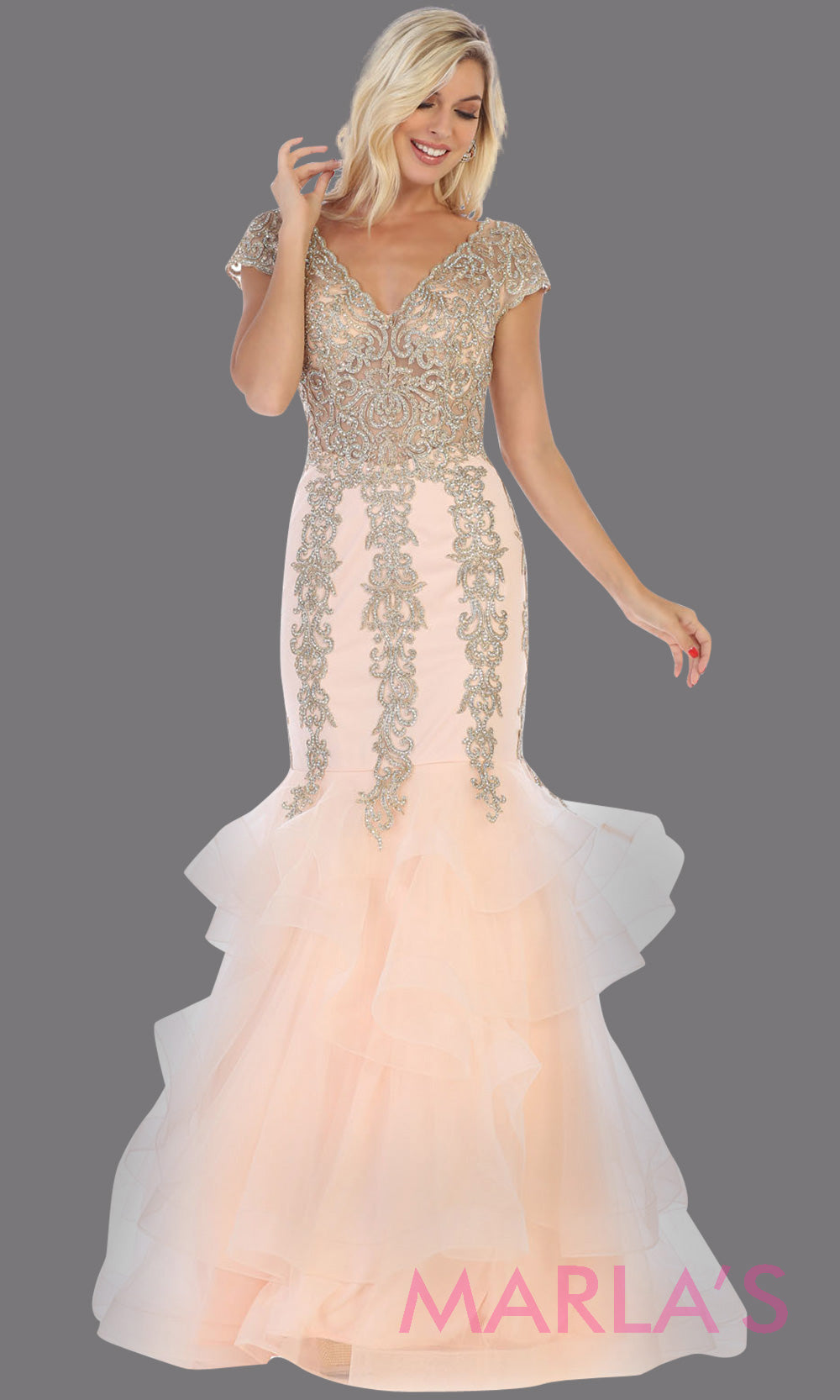 Long blush pink beade mermaid gown with cap sleeve, beading, 3 tier skirt from MayQueen RQ7690. This stunning light pink evening gown perfect for engagement dress, wedding reception dress, indowestern gown, engagement shoot, prom,formal gown