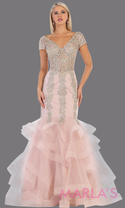 Long mauve pink beade mermaid gown with cap sleeve, beading, 3 tier skirt from MayQueen RQ7690. This stunning dusty rose evening gown perfect for engagement dress, wedding reception dress, indowestern gown, engagement shoot, prom,formal gown