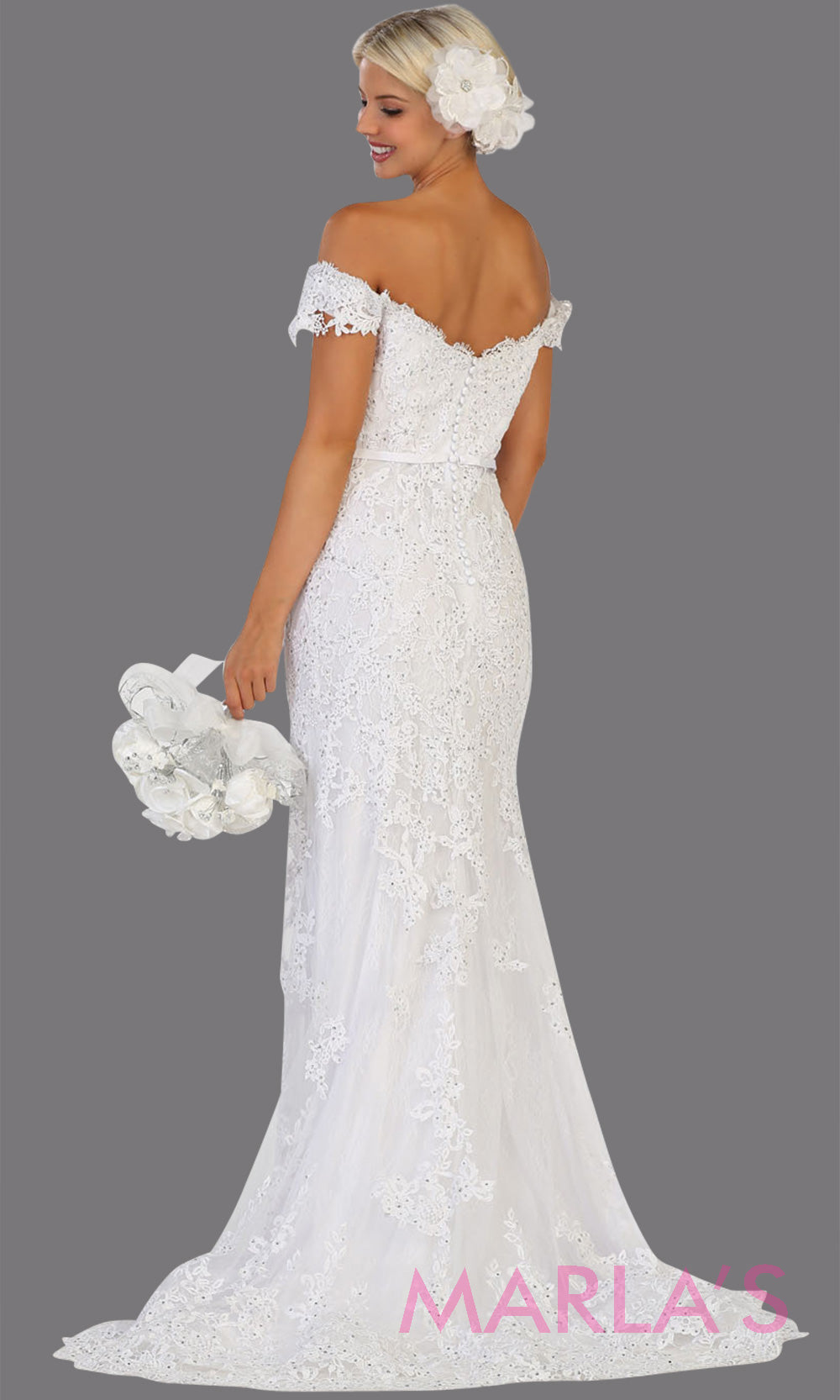 Back of Long off shoulder fitted white mermaid dress from MayQueen RQ7691. This stunning white bridal lace dress is perfect for simple wedding, wedding reception, second wedding, destination wedding, court wedding or civil wedding, plus size bridal
