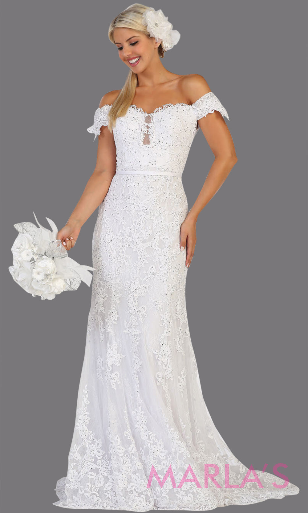 Long off shoulder fitted white mermaid dress from MayQueen RQ7691. This stunning white bridal lace dress is perfect for simple wedding, wedding reception, second wedding, destination wedding, court wedding or civil wedding, plus size bridal
