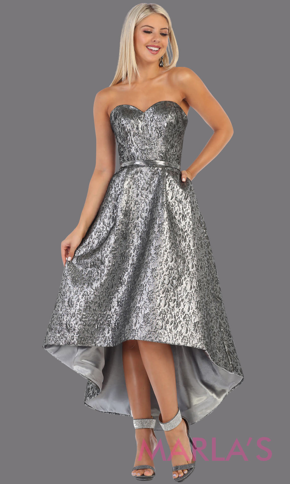 High low silver strapless dress from MayQueen RQ7702. This grey hi low frock is perfect for grade 8 grad, graduation dress, guest for prom, semi formal, plus size wedding guest dress, semi formal party dress, confirmation dressgrade 8 grad dresses, graduation dresses