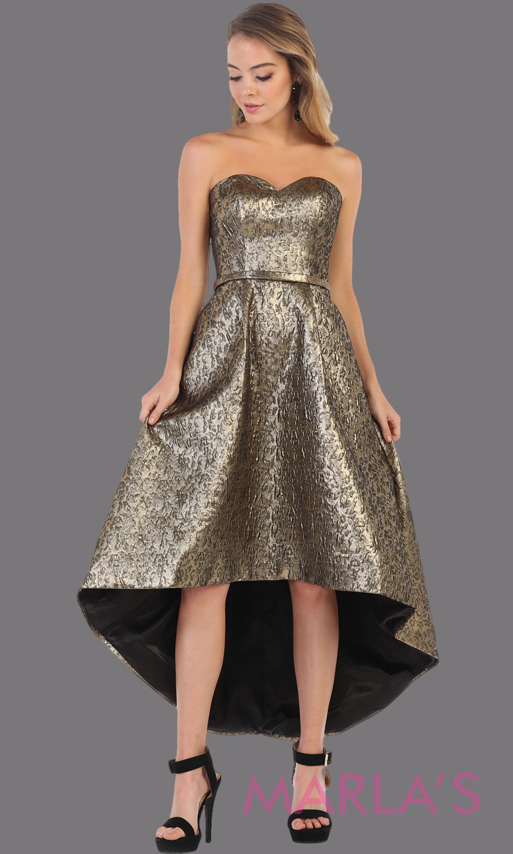 Strapless high low gold metallic semi formal party dress from MayQueen RQ7702. This hi lo party dress is perfect prom, grade 8 graduation, plus size wedding guest dresses, gala, formal evening party, graduationgrade 8 grad dresses, graduation dresses