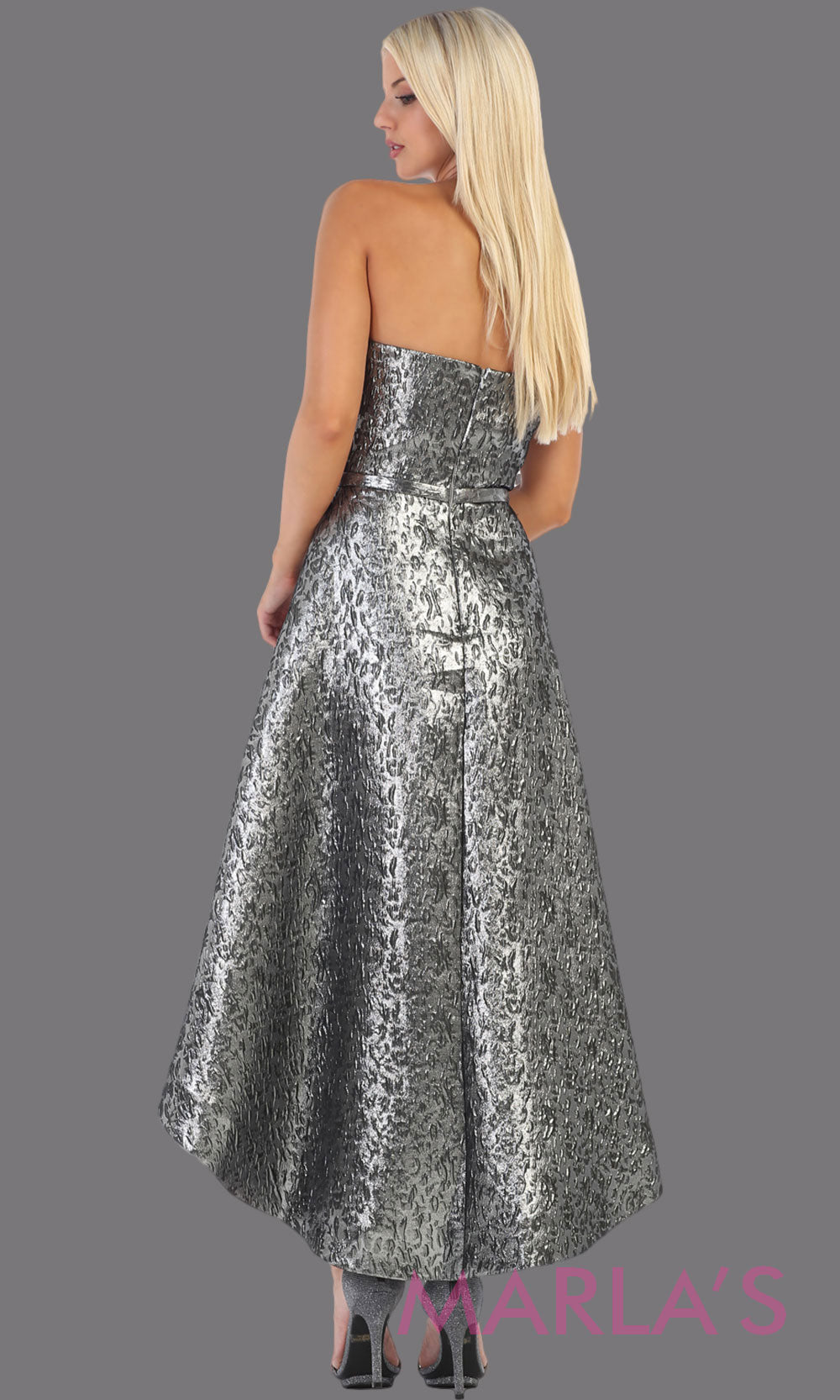 Back of High low silver strapless dress from MayQueen RQ7702. This grey hi low frock is perfect for grade 8 grad, graduation dress, guest for prom, semi formal, plus size wedding guest dress, semi formal party dress, confirmation dressgrade 8 grad dresses, graduation dresses