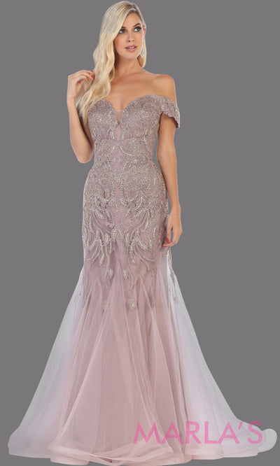 Long mauve beaded mermaid off shoulder gown from MayQueen RQ7705. This stunning dusty rose evening gown is perfect for engagement dress, wedding reception dress, indowestern gown, engagement shoot, prom, formal evening party gown, plus size